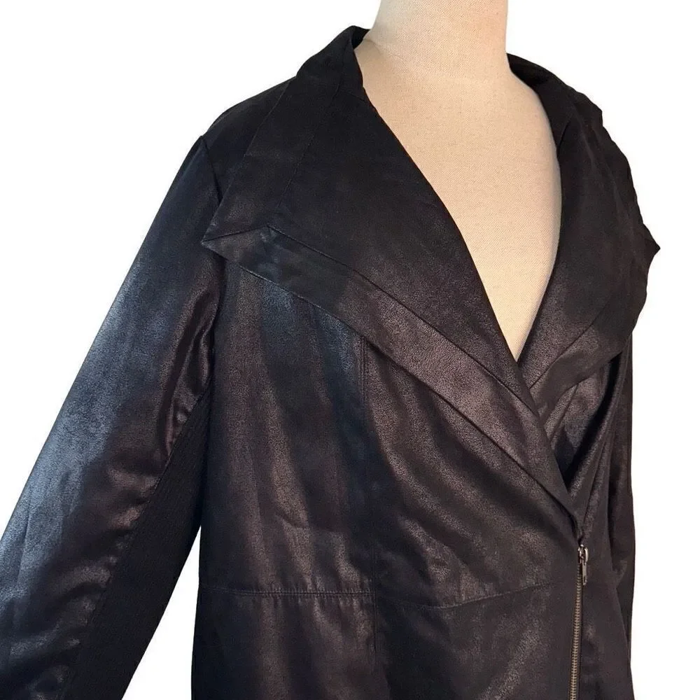 M by Mark Bouwer Black Shimmer Moto Jacket Draped Neckline Side Zip Womens Large